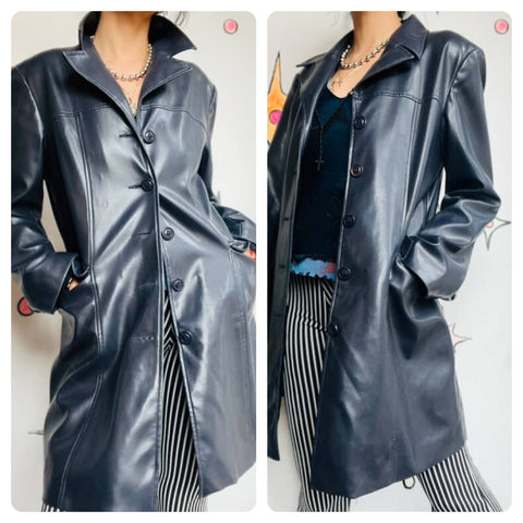90s Navy Blue Vegan Leather Trench Coat - Clockhouse - Emo Grunge Revival UK 14