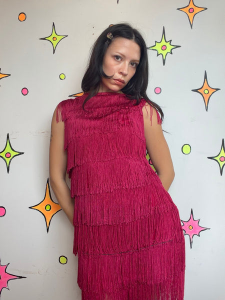 Raspberry Red Fringe Flapper Party Dress Roaring 20s / 60s Go-Go / Western M