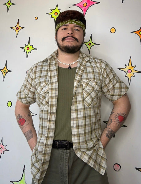 70s 80s Plaid Men's Button-Up Shirt | Vintage Western Grunge – Medium