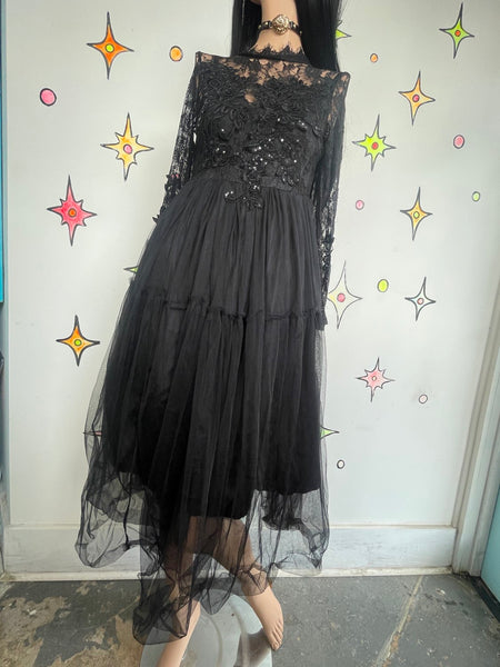 Vintage 80s Goth Lace Tulle Dress Black Romantic Vamp Tutu Maxi Prom Goth Gown S