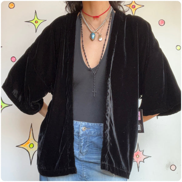 Vintage Black Velvet Kimono Jacket Top Duster Bolero Classic Timeless Goth Boho