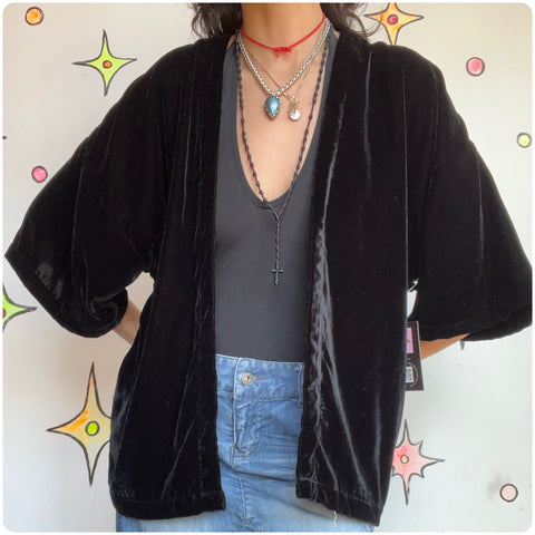 Vintage Black Velvet Kimono Jacket Top Duster Bolero Classic Timeless Goth Boho
