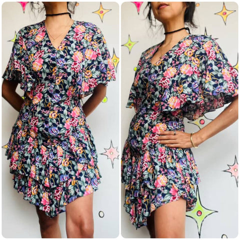 80s Floral Secretary Dress Babydoll Cottagecore Prairie Boho Grunge Ruffles S/M