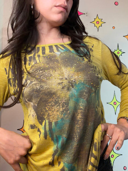Y2K Chartreuse Zebra Print Tee | McBling Glam Animal Print Top Small