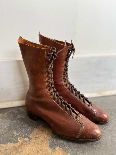 Antique 1900s Edwardian Victorian Brown Leather Lace-Up Boots – Modern 7.5–8