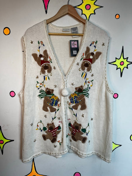 Vintage White Ugly Christmas Sweater Vest Zip Front Holiday Party Knit XL+