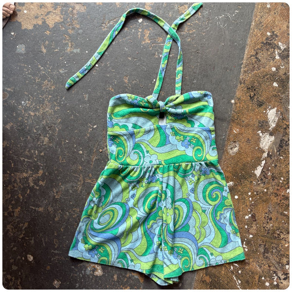 Retro Y2K Psychedelic 60s 70s Style MOD Groovy Blue Green Terry Cloth Romper XS