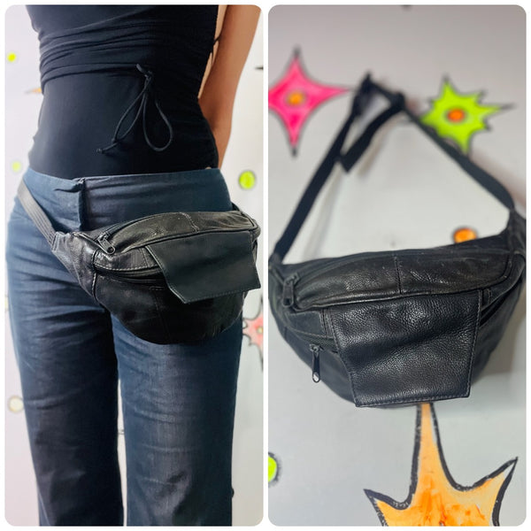 Vintage 90s Black Leather Fanny Pack Adjustable Belt Bag Travel Hands-Free Purse