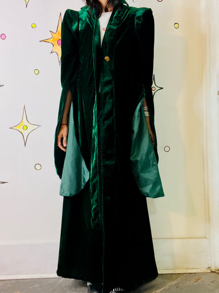 Emerald Green Velvet Goth Robe Witch Sorceress Bell Sleeve Fairy Grunge Goddess