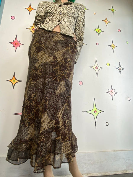 Vintage 90s Earth Tone Scarf Print Midi Skirt Floral Ruffle Fairy Grunge Boho - S