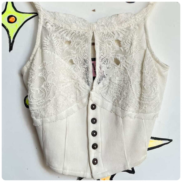 Y2K Off White Knit Lace Cami by Free People - Fairy Grunge Boho Witchy Top - S