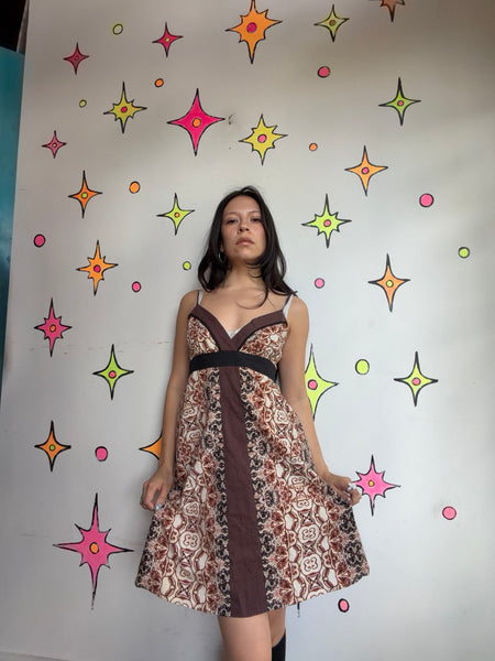 Y2K Boho Grunge Henna Tattoo Print Mini Dress Cotton Festival Dress - SM