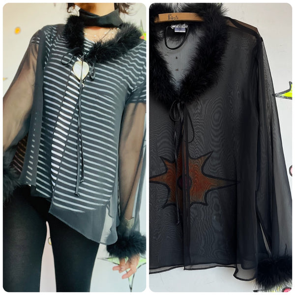 Vintage Black Sheer Feather Trim Goth Glam Vamp Lingerie Robe – Small