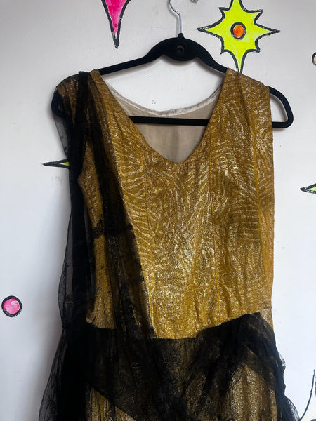 Antique 1920s Gold and Black Lace Flapper Party Dress | Gatsby Era Evening Gown
