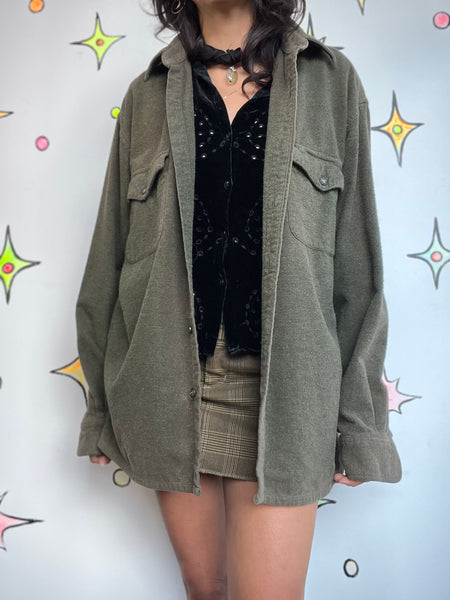 Vintage Military Green Soft Grunge Shirt Jacket Oversized Army Streetwear - M