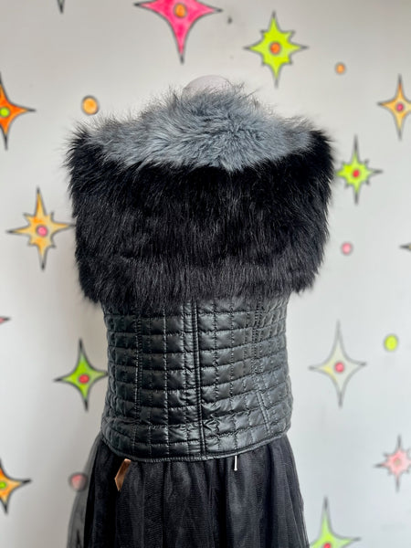 Vintage Y2K Black Vest w Vegan Faux Fur Trim Fairy Grunge Glam | Indie Sleaze S