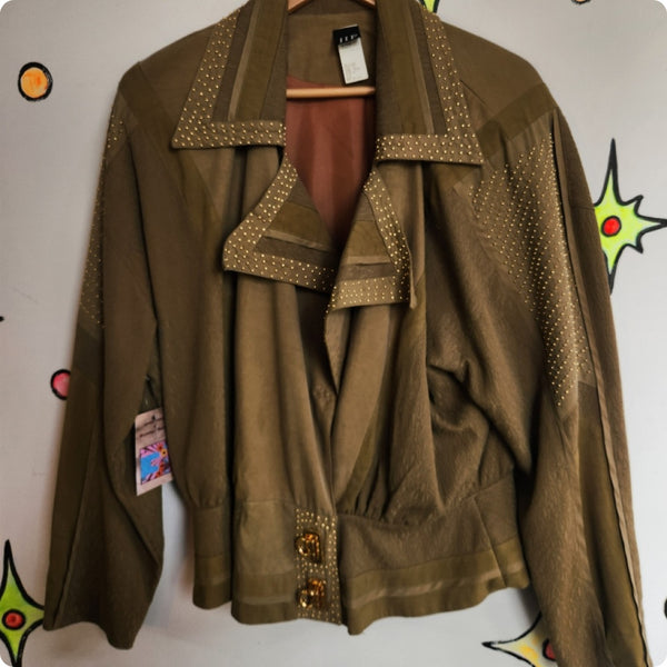 Vintage 80s | Tan Studded Cropped Grunge Punk Bomber Jacket | L