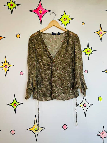 Vintage 80s 90s Boho Grunge Gauzy Fairy Grunge Boho Bell Sleeve Blouse Top | XL