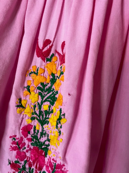 Vintage Boho Oaxacan Mexican Pink Huipil Dress - Hand Embroidered Floral M/L