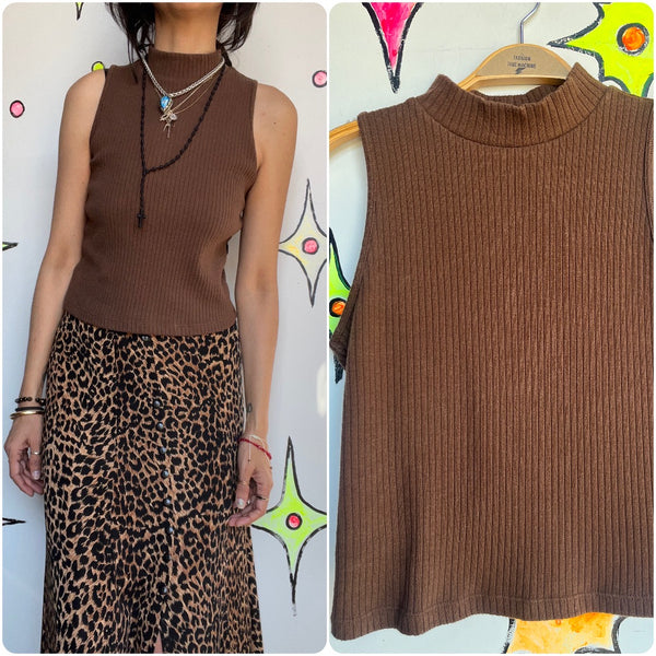 Vintage 90s Y2K Fairy Grunge Boho Emo Brown Turtleneck Ribbed SleevelessTop S