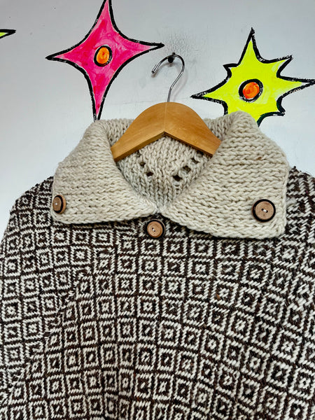 Vintage 60s 70s Brown & Cream Boho Crochet Poncho Capelet with Fringe