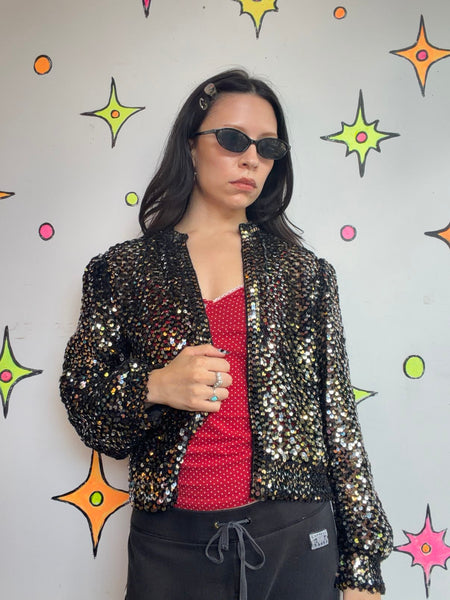 Vintage 70s Gold Silver Disco Bomber Jacket Metallic Retro Party Jacket | S M
