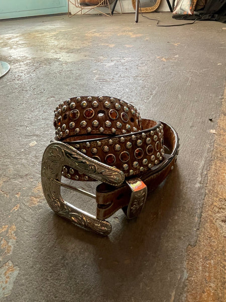 Y2K Rhinestone Belt Cowhide Leather Western Bling Cowgirl Glam Statement Belt