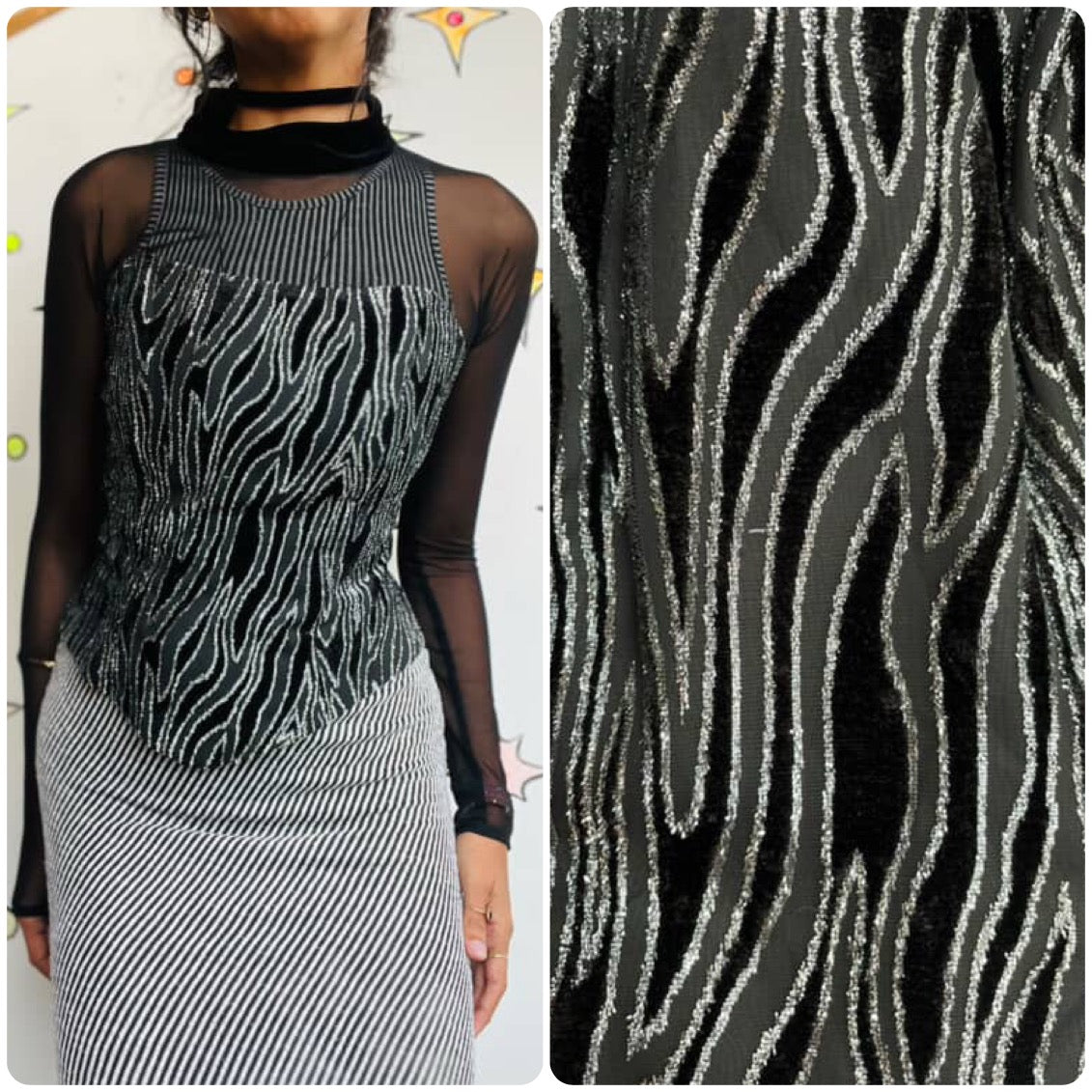 Vintage 90s Joseph Ribkoff Black Mesh Top Silver Zebra Stripe Velvet Burnout S