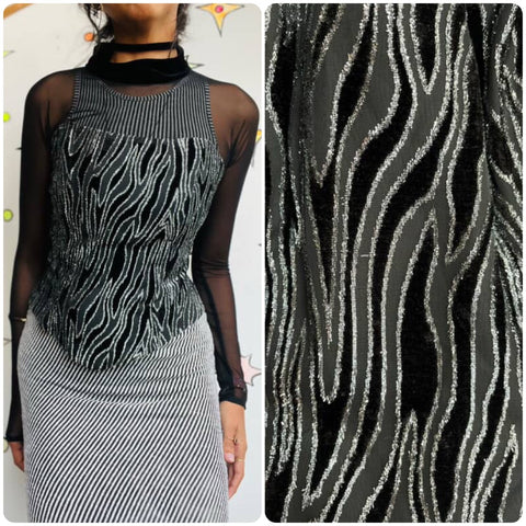 Vintage 90s Joseph Ribkoff Black Mesh Top Silver Zebra Stripe Velvet Burnout S