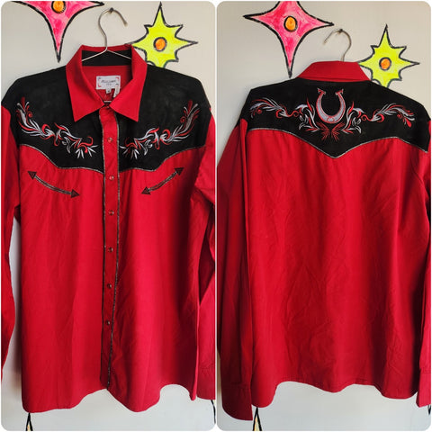 Vintage | Red Mens Western Embroidered Pearl Snap Shirt | Size XL