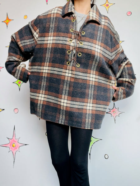 Vintage 60s Rawhide Lacer Brown Plaid Pullover Wool Shirt | Workwear Flannel XL