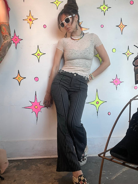Y2K Pinstripe Mall Goth Pants Low Rise Buckle Punk Grunge Trousers S/M