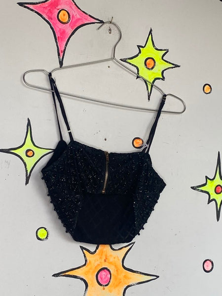 Black Beaded Cropped Bralette Bustier Top Sparkly Layering Piece Goth Glam S