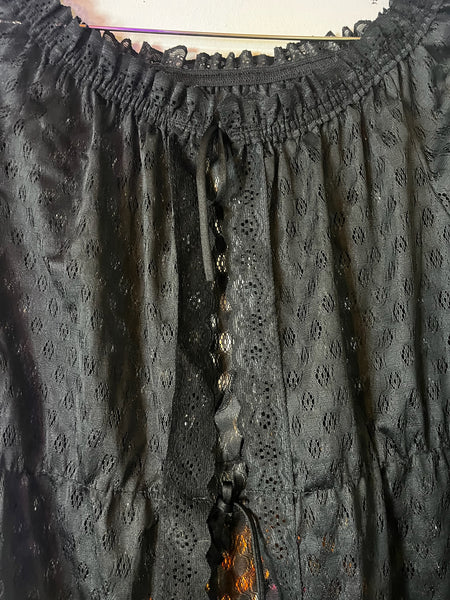 Vintage 70s Black Sheer Lace Night Robe – Scalloped Boho Grunge Whimsy Goth M