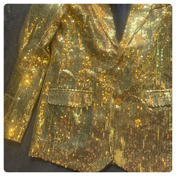 Metallic Gold Men's Tuxedo Smoking Jacket Sequin Bling Disco Party Blazer M/L