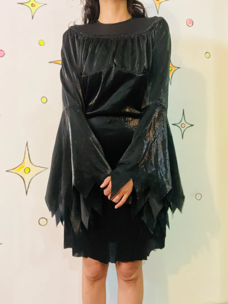 Vintage Black Romantic Goth Mini Dress – Bell Sleeves Witchy Dress – Cosplay - M