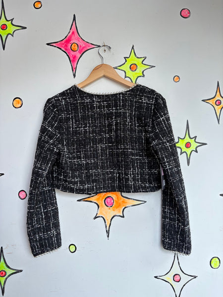 Y2K Tweed Cropped Blazer Black White Faux Pearl Trim Preppy Glam Coquette SM