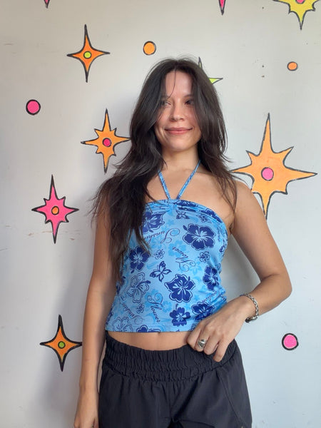 Y2K Tropical Halter Top | Hawaiian Floral Resort McBling Summer Crop Top S