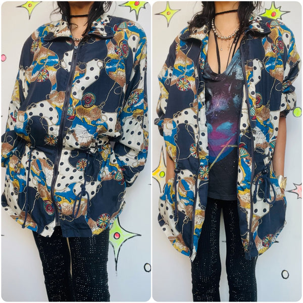Vintage 90s Boho Grunge Wearable Art Silk Windbreaker Bomber Jacket | Size M