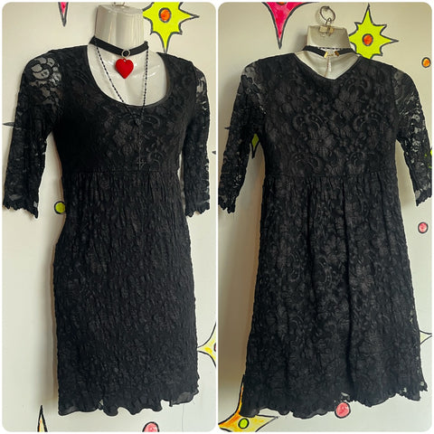 Vintage 90s Y2K Black Lace Sheer Babydoll Whimsy Goth Fairy Grunge Mini Dress S