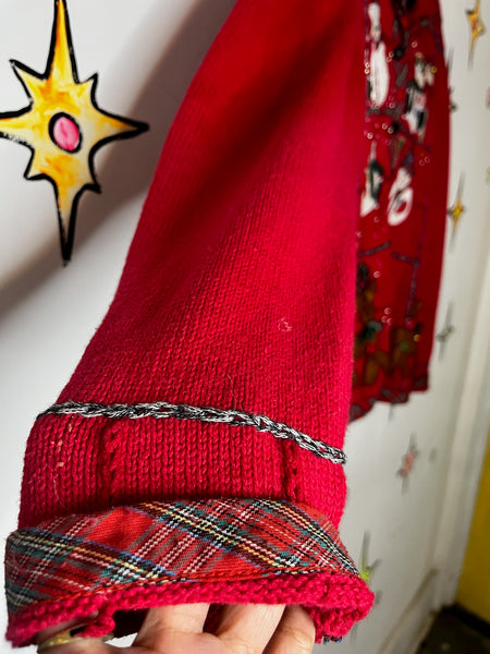 Vintage Embellished 80s 90s Red Ugly Tacky Christmas Sweater Cardigan Snowman L