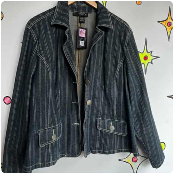 Vintage Y2K Striped Denim Blazer Jacket Emo Punk Fairy Grunge Jean Jacket 18/20