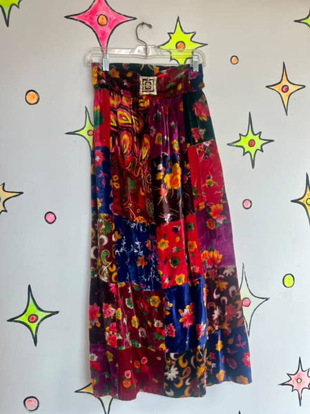 Vintage 60s 70s Boho Velvet Patchwork Maxi Skirt w Belt - Oscar de la Renta – XS