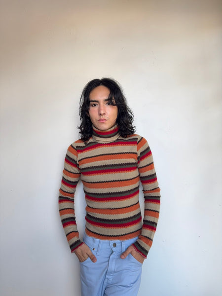 Vintage 90s Striped Fuzzy Turtleneck Sweater Cozy Grunge Y2K Knit S