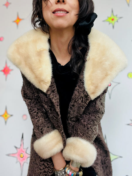 Vintage 40s 50s Persian Lambswool Fur Coat Mink Collar & Cuffs Luxury Penny Lane