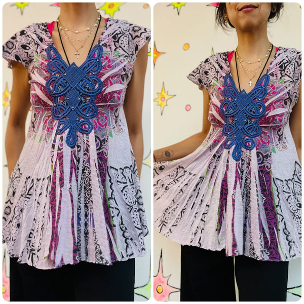 Vintage Y2K Purple Boho Grunge Fairy Crochet Embellished Tattoo Tee - Size M