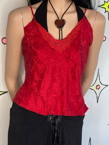Vintage Silk Red Rose Lace Cami | Vamp Glam Romantic Goth Slip Top – L