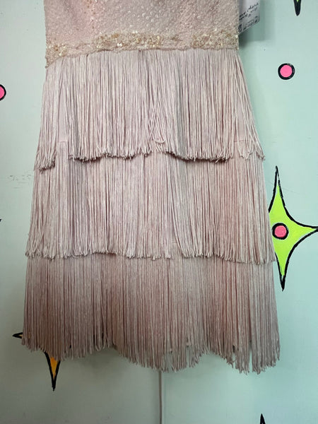 Pink Silk Beaded Fringe Gatsby 1920s Revival Flapper Art Deco Party Dress S