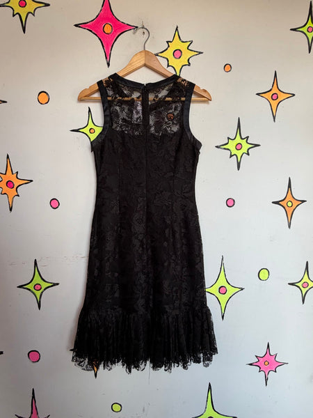Black Lace Ruffle Dress Whimsy Gothic Dollcore Romantic Flapper Party Dress S