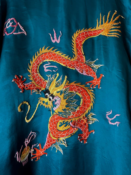 Vintage Teal Silk Embroidered Kimono Robe | Dragon Motif Grunge Lounge Wear | M